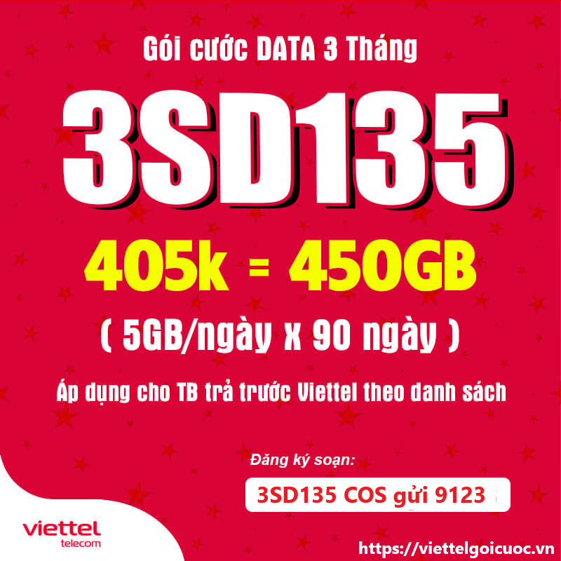 Gói cước 3SD135 Viettel có 450GB sử dụng trong 3 tháng