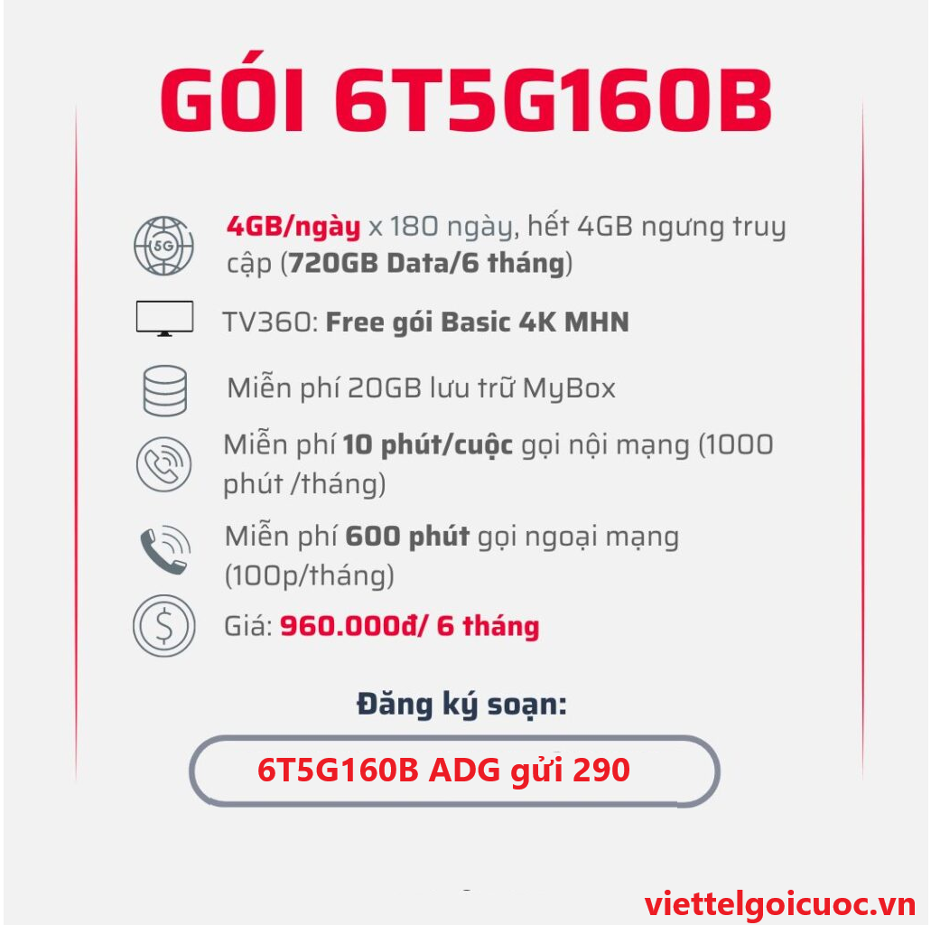 Gói cước 6T5G160B Viettel